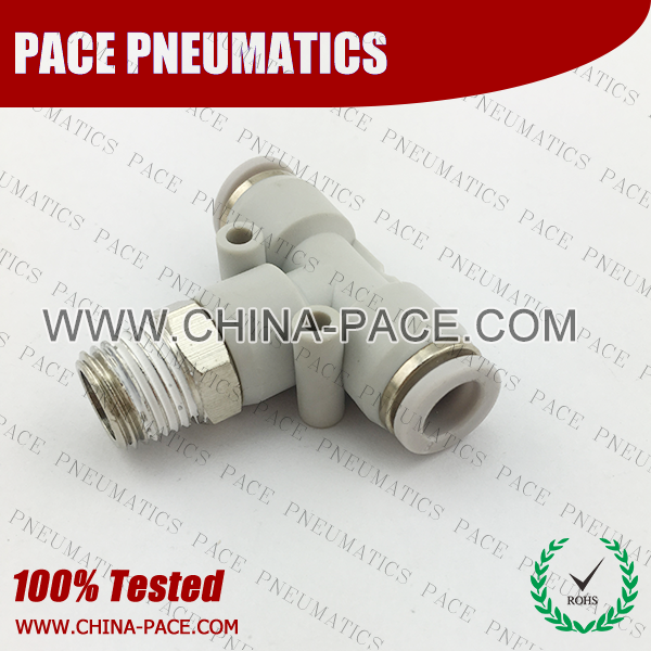 Grey White Male Branch Tee Grey Color Pneumatic Fittings, White Push To Connect Fittings, Air Fittings, white color push in fittings, Push In Air Fittings, Composite Push In Fittings, Polymer push to connect Fittings, Air Flow Speed Control valve, Hand Valve, pneumatic component